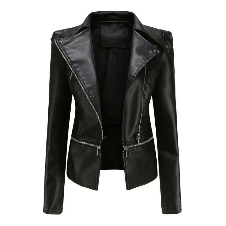 Chaqueta de cuero de Primavera para Mujer, Abrigo informal ajustado con Cremallera y solapa para Mujer - 1