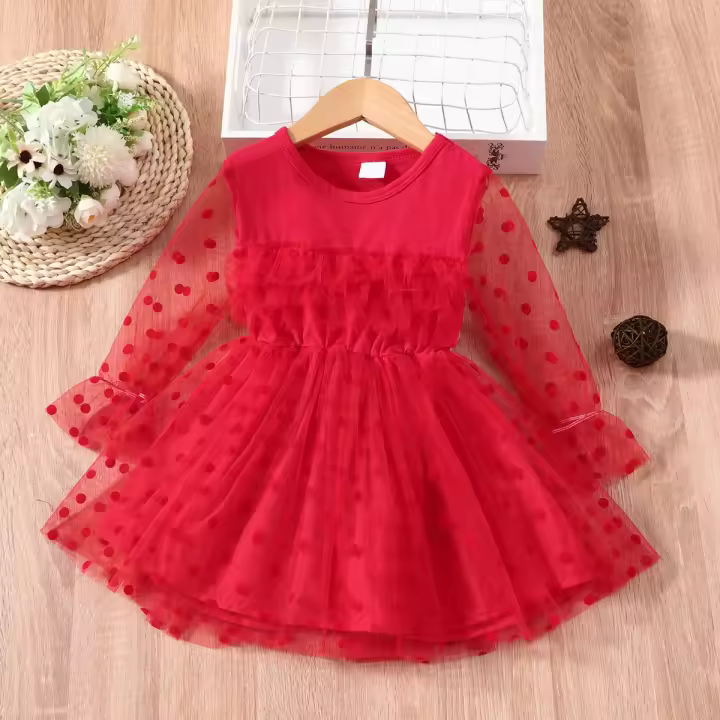 Vestido De Princesa Para Bebés Niñas Con Lazo Y Puntos Manga Larga Estilo Casual Polka Dot Polyester Spandex Primavera Otoño - 1
