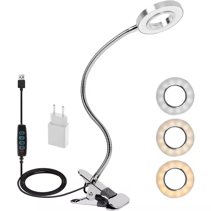 Luz de Abrazadera LED Flexible de 360°, 3 Modos y 10 Niveles de Atenuación - Luz de Abrazadera Flexible para Cabecera, Dormitorio, Oficina 12W Plata - 1