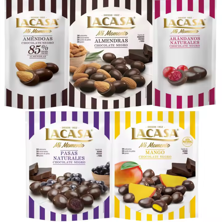 Lacasa Mi Momento pack de 5:Arándano choco Negro 60G,Almendra 85% 65G,Pasas choco Negro 150G,Almendra choco Negro 125G,Mango choco Negro 115G - 1