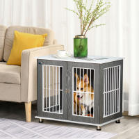 Caja de Transporte de Madera para Perrera con tablero y almobrilla, Jaula para animales Pequeños, Mesa Auxiliar, gris Blanco, 85x55x75cm - details 1