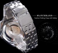 Reloj Mecánico Automático Jaragar Para Hombre Diseño De Vidrio Azul Luminoso Con Exhibición De Fecha Y Semana En Negro Y Plata Resistente Al Agua Con Correa De Acero Inoxidable - details 7
