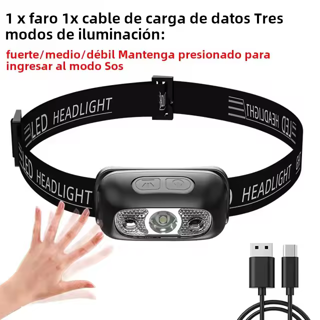 Linterna Frontal LED COB XPE Con Batería Integrada Recargable USB Para Correr Por Noche Y Camping Luz Blanca Roja Alta/Media/Baja Impermeable Negro - 1