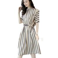 Vestido Midi Estampado Casual De Verano Para Mujer Vestido De Oficina Estilo Coreano Con Manga Corta Y Cuello Alto Synthesis Fiber - details 3