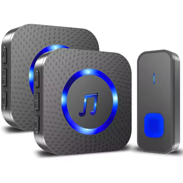 Timbre inalámbrico SURFOU resistente al agua y a los ruidos, 1 botón + 2 receptores, fácil instalación, alcance de 400 m, 55 timbres, 5 niveles de volumen ajustables, flash LED - Negro - 1