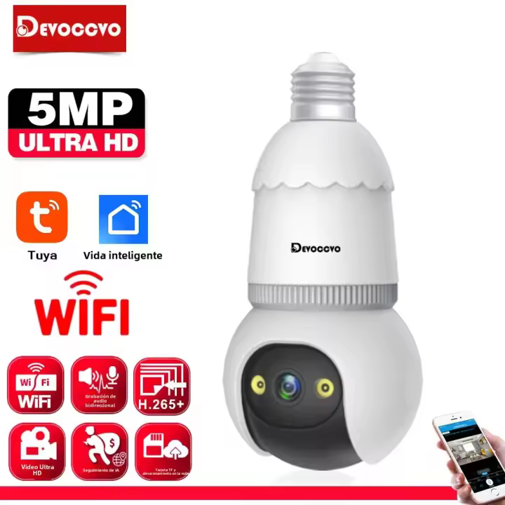 Cámara IP Tuya 5MP Wifi PTZ Bombilla Luz Inteligente Vigilancia Doméstica Inalámbrica Con Audio Bidireccional Monitor De Bebé Automática De Seguimiento - 1