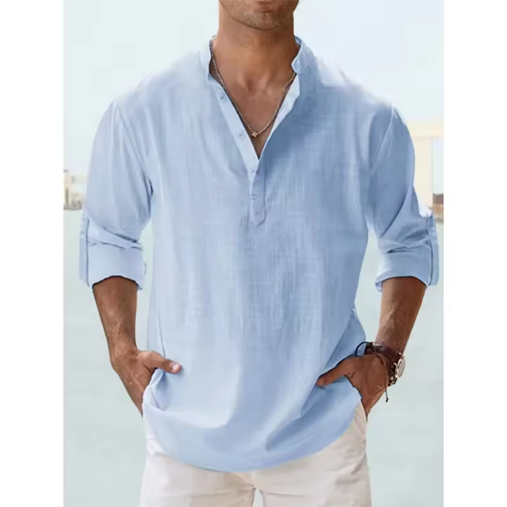 Camisa Casual Para Hombre De Algodón Y Lino Estilo Playa Verano Cuello Henley Sin Mangas Color Sólido Vacaciones Hawái - 1