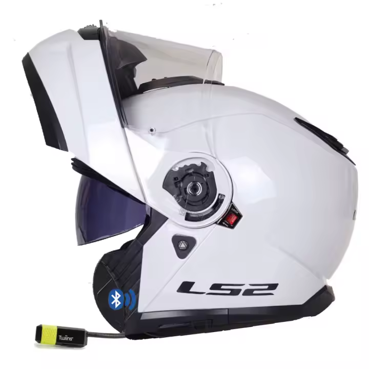 Casco de Moto Modular con Bluetooth Intercom Integrado - LS2 FF908 Strobe II Blanco Brillo - Twiins HF3 Bluetooth - Homologado ECE 22.06 - 1