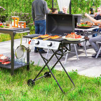 Outsunny Barbacoa de Gas con 2 Quemadores de Acero Inoxidable 2,8 KW Barbacoa Portátil con Mesas Laterales Plegables Bandeja Extraíble Termómetro y 2 Ruedas para Pícnic Camping 101x50x102 cm Negro - details 1