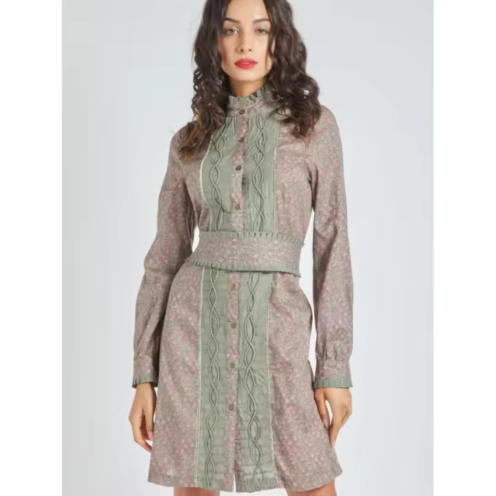 ANANY Vestido de Flores Manga Larga Cuello Alto con Tiras para Anudar - 1