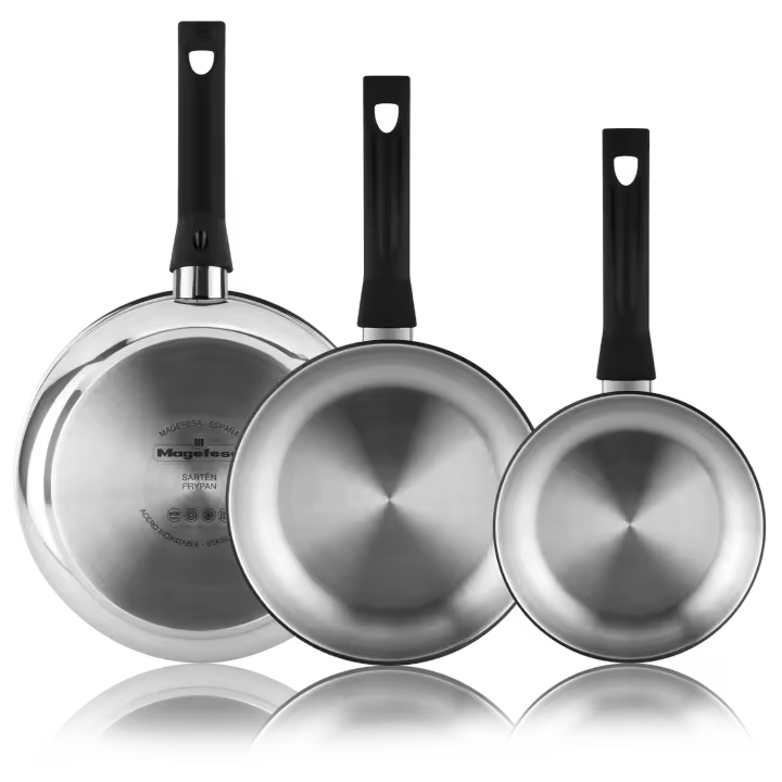 Magefesa Essencial Inox - Set de Sartenes Plateadas  20 + 24 + 28cm, Acero Inoxidable, Sin Recubrimiento ni Antiadherente, Ecológicas, Inducción - 1