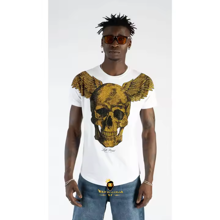 Camiseta Left Point Blanca Pedrería Brillante Calavera Con Alas Doradas - 1