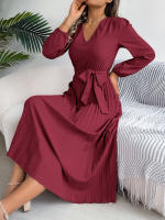 Vestido Elegante De Mujer Con Botones Y Cuello En V Manga Larga Plegado Con Cierre De Lazo Estilo Casual A-Line Para Primavera/Otoño - details 16