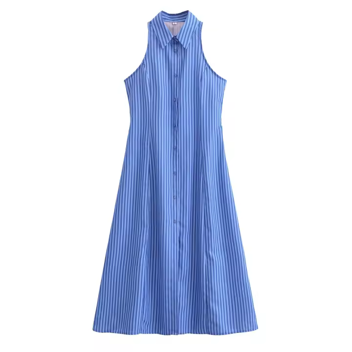 Vestido Midi A-Line Con Rayas Para Mujer De Printkaoir Sin Mangas Cuello En V Estilo Casual De Verano Vestidos Largos - 1