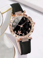 Set De Reloj De Cuarzo Para Mujer Con Estampado De Hoja Negra Y Pulsera De Pluma Negra Y Amor 6PCS Regalo Elegante Casual - details 4