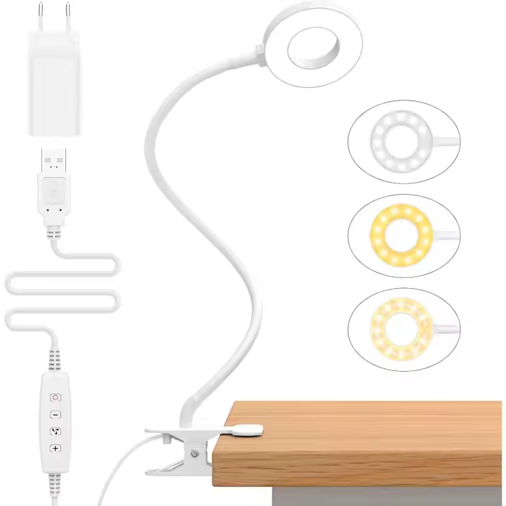 23 LED Luz Lectura con Clip [3 Colores y 10 Brillos] Flexo LED Escritorio con Pinza, 40CM Lámpara de Mesa pare Estudio Trabajo Leer Lámparas de Escritorio Regulable con Cuello de Cisne -Blanco - 1