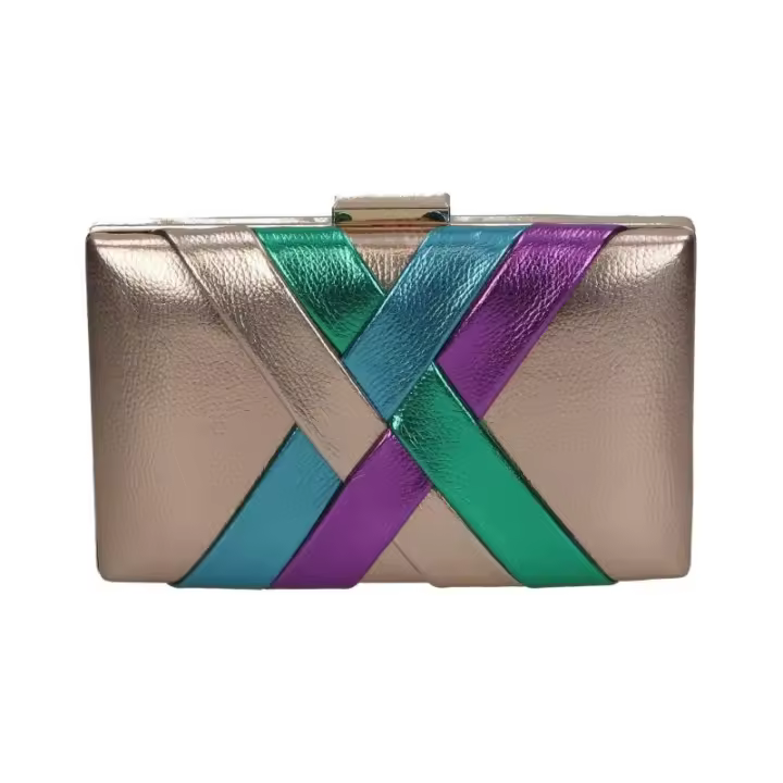 TEOVEL Bolso de Mano Clutch Multicolor - Cadena Metálica Extraible - Medidas 20 X 12 X 3cm - 1