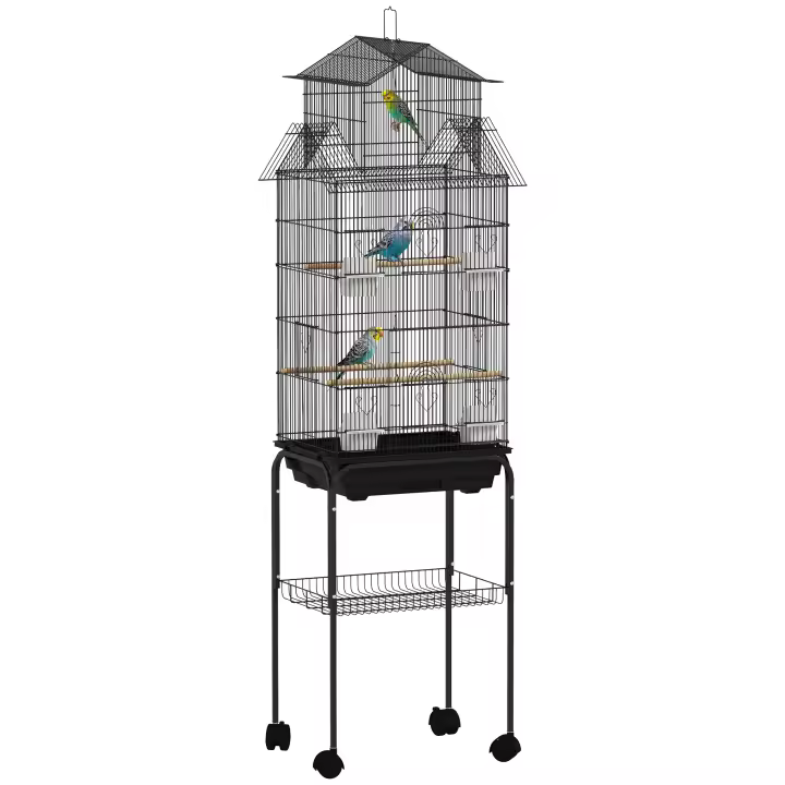 PawHut Jaula para Pájaros con Ruedas Pajarera de Acero con Comederos Perchas Columpio y Bandeja Extraíble Jaula Grande para Loros Canario Periquito 50,5x41x163 cm Negro - 1