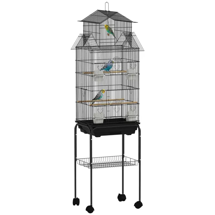 PawHut Jaula para Pájaros con Ruedas Pajarera de Acero con Comederos Perchas Columpio y Bandeja Extraíble Jaula Grande para Loros Canario Periquito 50,5x41x163 cm Negro - 1