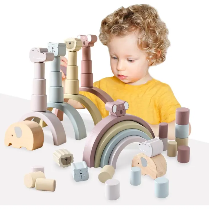 Arcoiris de madera, juguete de madera para bebé, juego de equilibrio apilable, bloques de construcción para niños a partir de 1 año, torre apilable en colores pastel, regalos de cumpleaños - 1