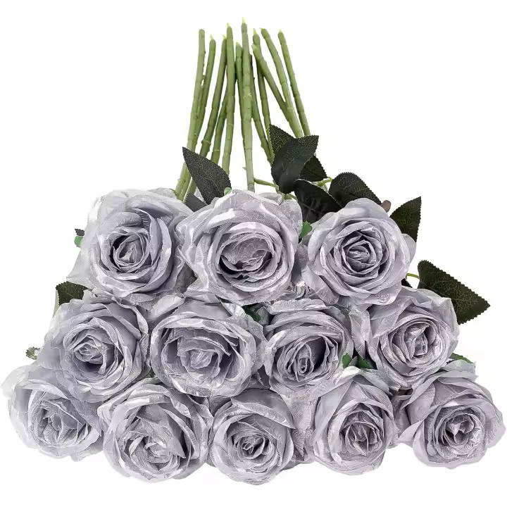 12 rosas artificiales, 19,68'', tallo largo único, rosas falsas de seda, ramo de novia, boda, flor realista para el hogar, jardín, fiesta, hotel, oficina, decoración (rosas en flor, plata) - 1