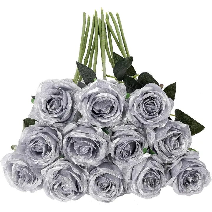 12 rosas artificiales, 19,68'', tallo largo único, rosas falsas de seda, ramo de novia, boda, flor realista para el hogar, jardín, fiesta, hotel, oficina, decoración (rosas en flor, plata) - 1