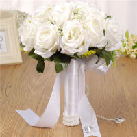 Bouquet De Novia Y Damas De Honor En Poliéster Blanco Flores Artificiales Rosas Accesorios De Boda Boutonniere Para Novio - details 0