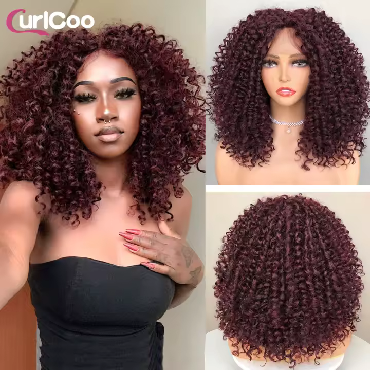 Pelucas Sintéticas De Encaje Frontal CurlyCoo Para Mujeres Negras Cortas Enredadas Bob Ombre Onda Natural Peluca De Cosplay - 1