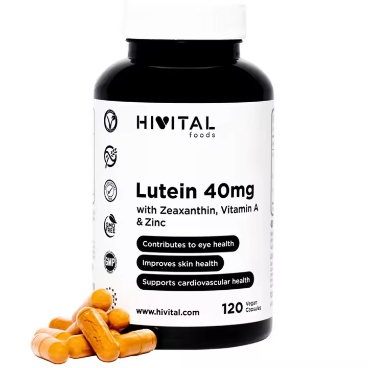 Luteina 40 mg. 120 cápsulas veganas para 4 meses. Extracto natural de Flor de Caléndula con 40 mg de Luteina pura, 8 mg de Zeaxantina, Vitamina A y Zinc para mejorar la salud de los ojos y de la piel. Hivital - 1