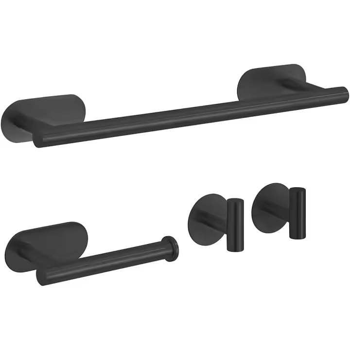 Juego de 4 accesorios de baño sin perforar, Barra de toalla de Maple inoxidable Negro de 16 pulgadas, soporte para Papel higiénico, 2 Ganchos para Bates - 1