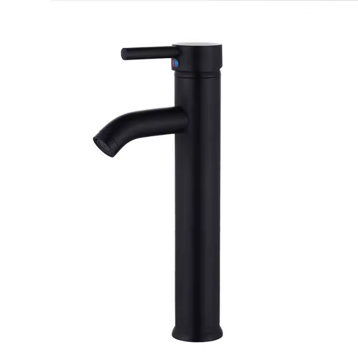 Grifo para lavabo alto de baño de acero inoxidable monomando de agua fría y caliente con 2 mangueras incluidas, Negro - 1