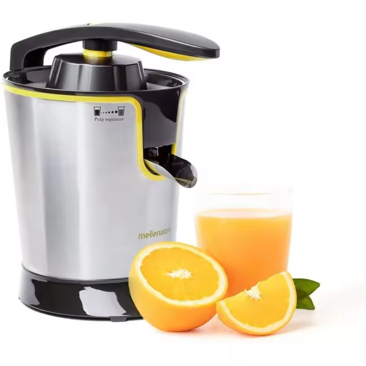 Mellerware - Exprimidor Juicy! 300W, zumo de fruta natural, eléctrico , acero inoxidable, para naranja y limón, comida. 4 accesorios filtros pulpa, cocina, saludable, exprimidora, regulable, lavable - 1
