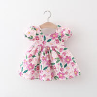 Vestido De Verano Para Niñas Con Gran Lazo En La Espalda Y Mangas Burbuja Estampado Floral Vestido De Princesa De Cuello Cuadrado - details 4