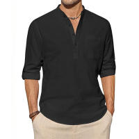 Camisa De Algodón Y Lino Para Hombre Manga Larga Estilo Casual Para Playa Camiseta Henley Con Bolsillo Top De Vacaciones Streetwear - details 2