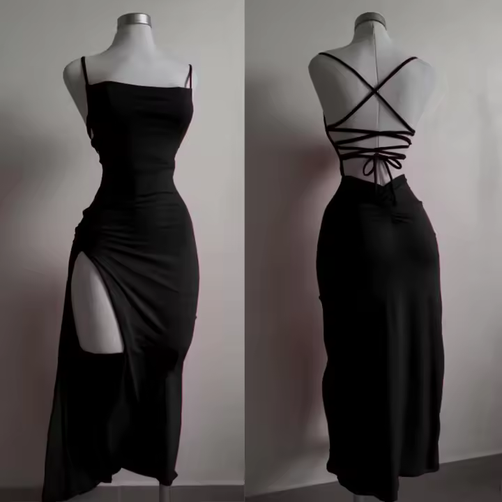 Vestido De Verano 2024 Con Halter Strap Y Tirantes Estilo Spice Girl De Alta Sensibilidad Vestido Largo Con Estampado Sencillo Para Mujer - 1