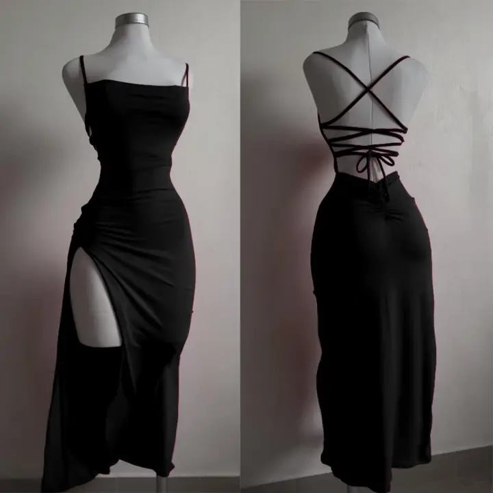 Vestido De Verano 2024 Con Halter Strap Y Tirantes Estilo Spice Girl De Alta Sensibilidad Vestido Largo Con Estampado Sencillo Para Mujer - 1