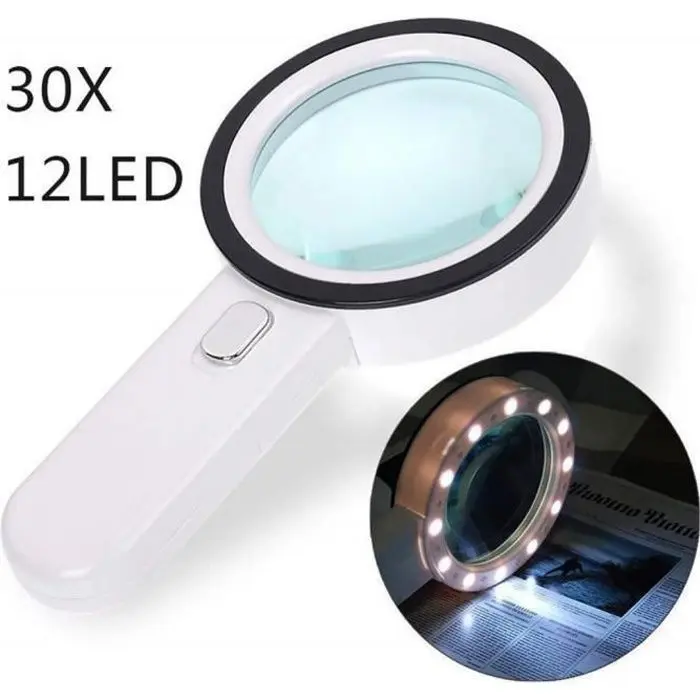 Lupa de mano 30X, Lupa with 12 Luces LED para personas mayores que Leen, observan Monedasexploran, Selllos y Mapas. - 1