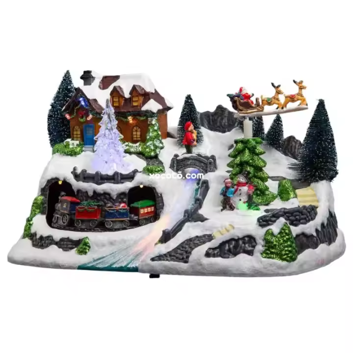 XOCOTŌ® Pueblo de navidad "Hallstat"  Poblado navideño iluminado de túnel con tren y río  14 Leds  L. 30.60 x P. 18 x H. 17cm - 1