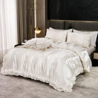 Set De Edredón Satinado 3PCS Colores Blanco Khaki Y Rosa Seda Suave Con Volantes Estilo Moderno Para Cama Conjunto De Ropa De Cama - details 1