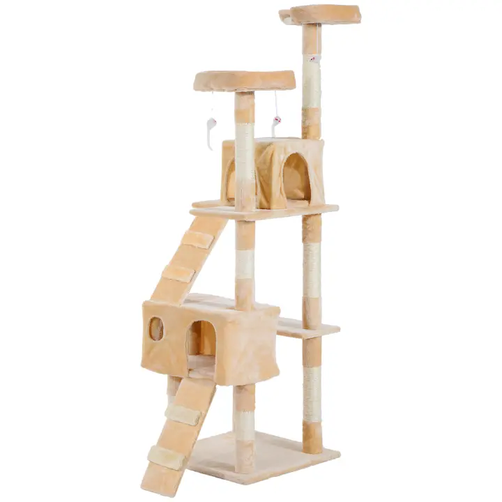 PawHut Árbol Rascador para Gatos Grande 49x49x173 cm con Múltiples Niveles con Cuevas Escaleras Juguetes Colgantes Camas Centro Actividades Sisal Gris - 1