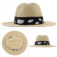 Kebedo Moda Sombrero de Paja para Hombre Mujer Estilo Panamá Transpirable Sombrero de Verano con Cinta Decorativa Estampada Plumas para Playa, Sol y Viaje, Diseño de ala Ancha Unisex, Talla Única Ajustable 58-59CM - details 0