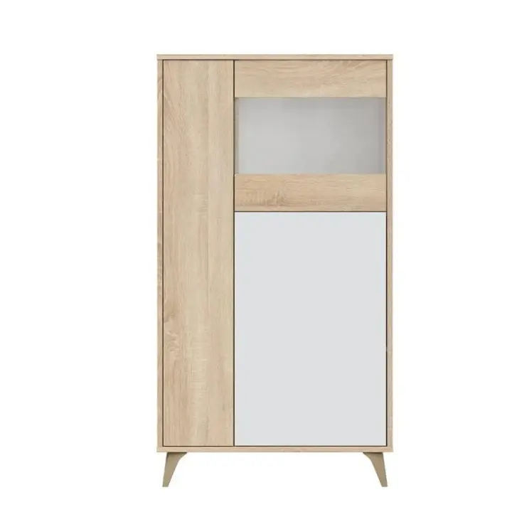 Meimon KIKUA PLUS Mueble vitrina 3 puertas con estantes interiores, sistema PUSH, bisagras metálicas, patas ABS, acabado Roble Canadian y Blanco Artik, 142x77x33 cm, melamina E1, incluye herrajes de fijación a pared - 1