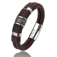 Pulsera De Cuero Genuino Marrón Vintage Multicapa Para Hombres Estilo Negocios Formal Joyería Regalo Para Muñeca - details 2