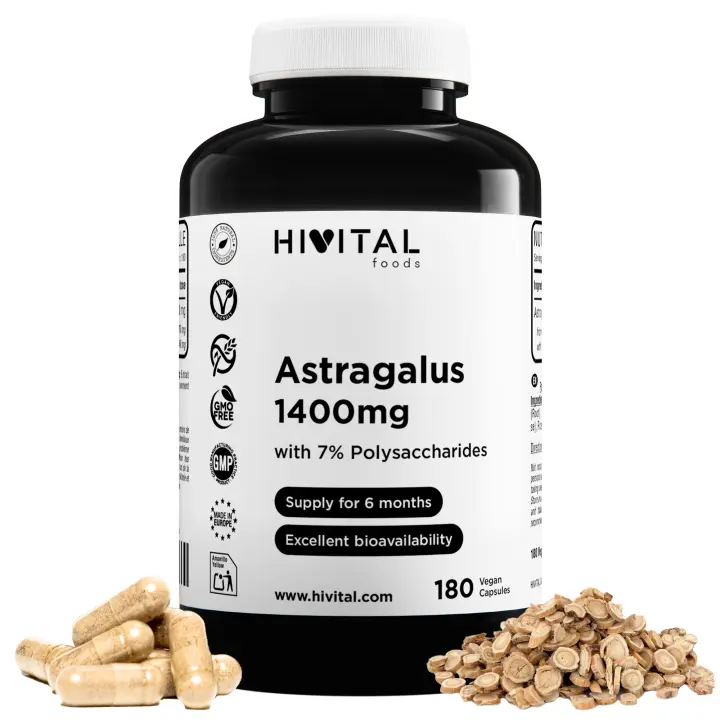 Astrágalo 1400 mg. 180 cápsulas veganas para 6 meses de tratamiento. Extracto Natural de Astragalus con 7% Polisacáridos. Fabricado en España por HIVITAL - 1