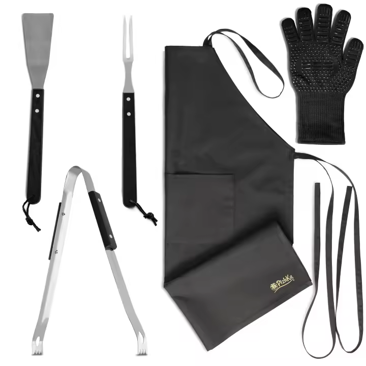 Pizhka KIT de 3: Delantal Cocina Hombre Grande Corpulento  + Guante Horno Barbacoa + 3 Utensilios Parrilla BBQ Set (Hardy) - 1