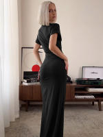 Vestido Maxi Bodycon Dulzura Con Cuello En 'O' Manga Corta Y Abertura En El Lado Elegante Y Ajustado Para Mujer Streetwear Otoño Invierno - details 20