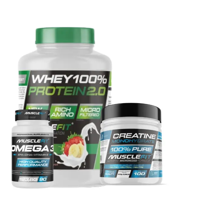 Pack Proteína WHEY 2kg + Creatina 300g + Omega 3 90cáps - Musclefit  Avance Muscular│Mas musculos│Vitaminas - 1