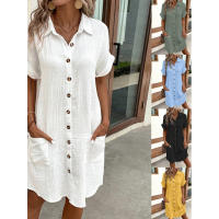 Camisa Elegante De Verano Para Mujer Azul Con Bolsillo Y Cuello En V Simple Y Cómoda De Color Sólido Vestido De Pierna Larga Estilo Casual - details 0
