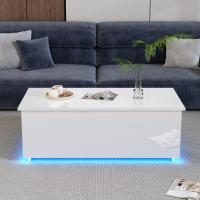 Moderna Mesa de Centro Blanca DE ALTO Brillo con iluminación LED y almacenamiento Oculto-Mesa Auxiliar con desplazamiento hidráulico, 100*50*35 cm, 40 kg de carga - details 0