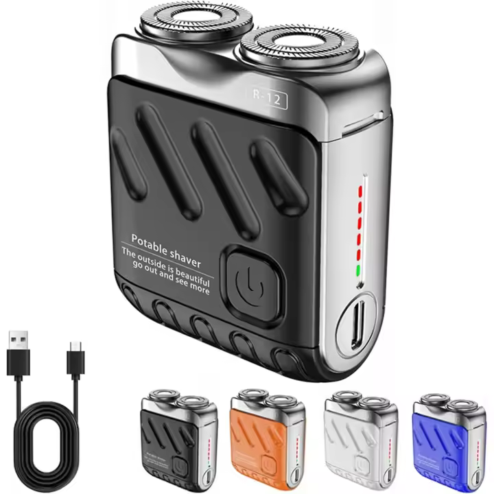Afeitadora eléctrica portátil de doble anillo rotatorio, mini afeitadora portátil de acero con cañón, recargable por USB, impermeable, para hombres, fácil de limpiar, para viajes en casa (negro) - 1